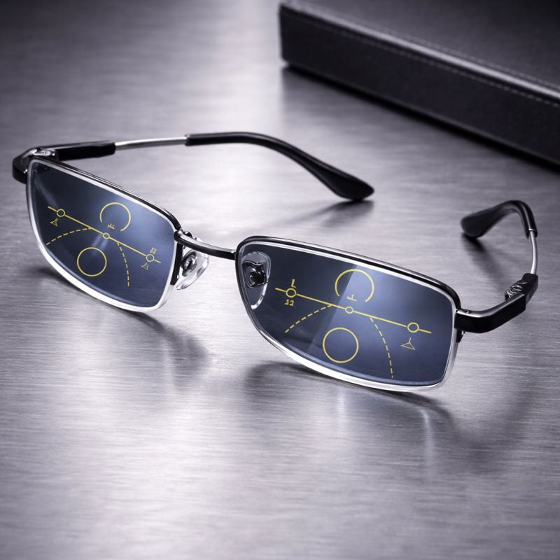 Multifocal reading glasses featuring blue light blocking technology, designed for clear vision at near, intermediate, and far distances, ideal for everyday use and digital 0